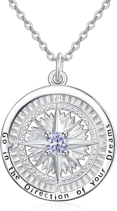 KINGWHYTE Graduation Gifts Birthstone Necklace for Women 925 Sterling Silver Compass Pendant Go in the Direction of your Dream Travel Jewelry Birthday Gift for Her
