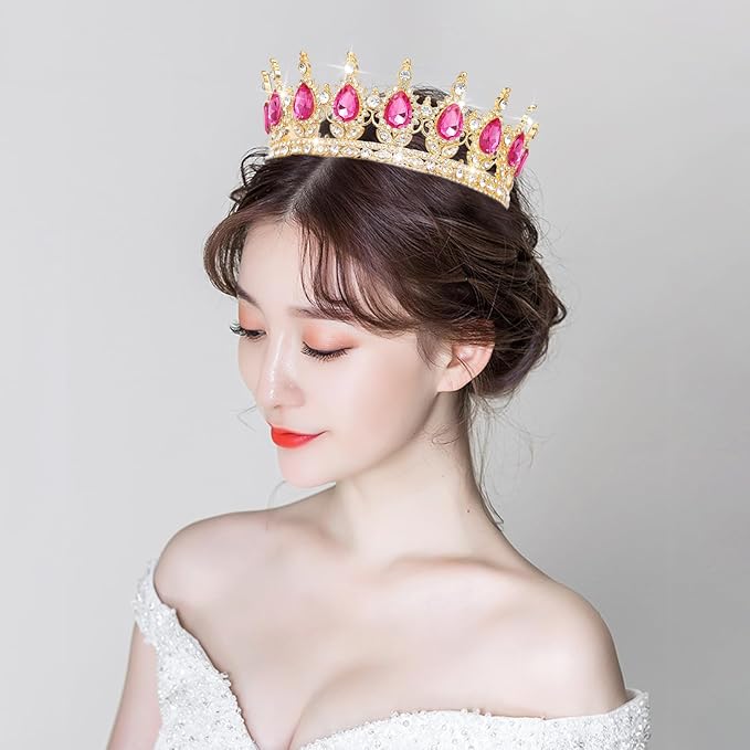 Queen Crown Rhinestone Wedding Crowns and Tiaras for Women Costume Party Hair Accessories Princess Birthday Crown Crystal Bridal Crown (Gold & Rose Crown)