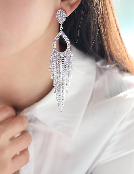 Rhinestone Teardrop with Long Tassel Earrings Sparkly Dangle Earrings for Women