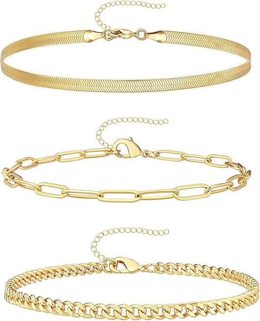 Gold Bracelets Set for Women Non Tarnish Trendy,14K Gold Plated Dainty Stackable Paperclip Cuban Link Chain Bracelets, Simple Cute Cuff Bracelets Jewelry Set Adjustable 7"+2"