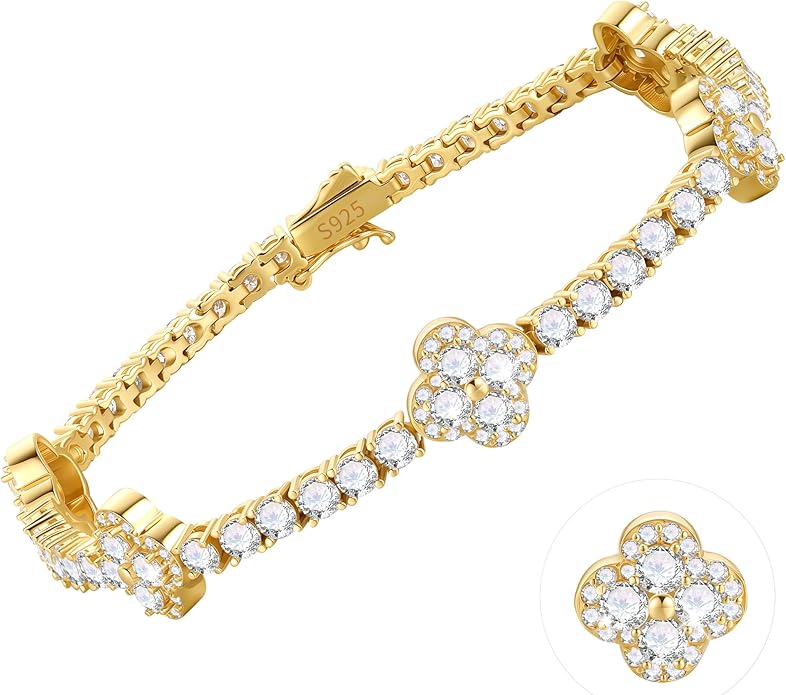 MOOSEA Valentines Day Gifts for Her - Clover Moissanite Tennis Bracelet, Lab Created Moissanite, 6.28-6.68 ct.tw, 925 Sterling Silver Tennis Bracelet for Women Anniversary Birthday Gifts 7.0-7.5INCH