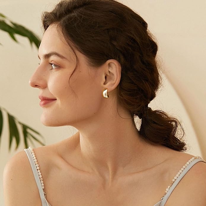 Gamicy Small 14K Gold Plated Hoop Earrings for Women with 925 Stering Silver Post, 14K Real Gold Plated Chunky Lightweight Hoops Earrings