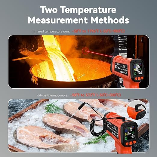 Infrared Temperature Gun -58°F to 1796°F, Dual-Mode Thermometer Gun with K-Type Thermocouple(-58°F to 572°F), Laser Temp Guns for Reptiles, Cooking, Griddle, Oven, 16:1 Home Handheld Thermometer