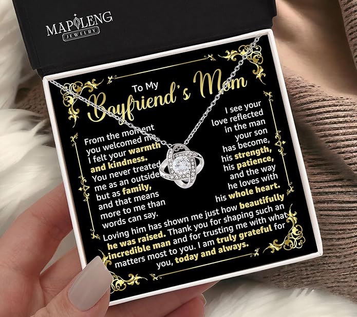 To My Boyfriend's Mom Love Knot Necklace, Elegant Jewelry Gift From Girlfriend, Meaningful Mothers Day Surprise, Birthday Christmas Keepsake With Heartfelt Message