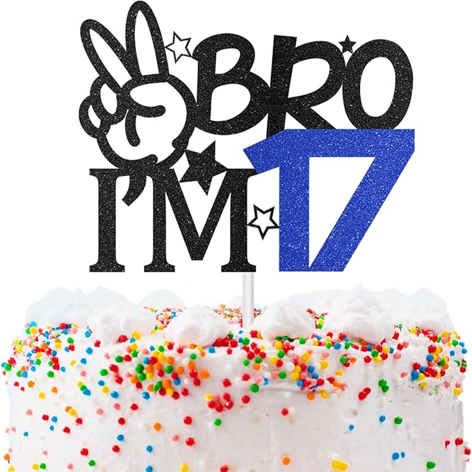 Bro I'm 17 Cake Topper, 17th Birthday Decorations for Boy, Glitter Funny 17th Birthday Cake Topper, Big Brother 17 Year Old Birthday Party Decoration Supplies