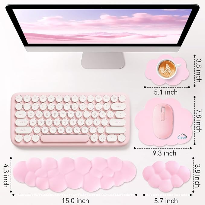 Cloud Wrist Rest for Computer Keyboard, 4-in-1 Memory Foam Leather Cloud Keyboard Wrist Rest and Mouse Pad Set with Ergonomic Support for Arm and Palm Cushion, Gaming/Work Setup, Pink