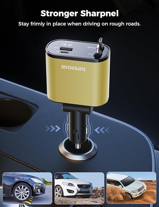 【Upgraded】 SUPERONE Retractable Car Charger 4 in 1, Fast Car Phone Charger with Cord 2.6ft, USB C and Apple Car Charger Adapter, Compatible with iPhone 15/15 Pro Max/14/13/12/11, Galaxy, Pixel