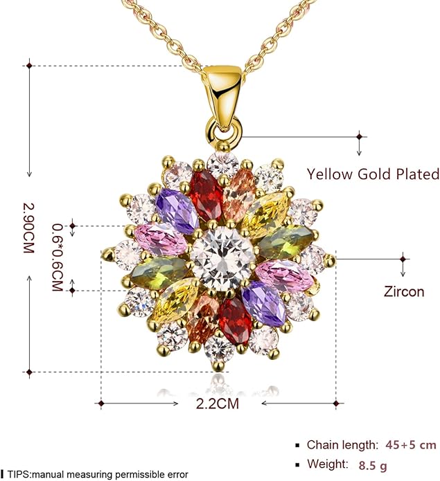 VONSSY Colorful Snowflake Pendant Necklace Earrings Rose Gold 5A Cubic Zirconia | Crystal Sweater Chain | Multi Gemstone Garnet Amethyst Morganite Peridot Prom Rhinestone Necklaces for Women Vintage Stylish Gift