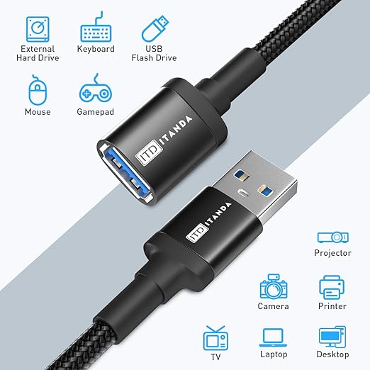 ITD ITANDA 10FT USB Extension Cable USB 3.0 Extension Cord Type A Male to Female 5Gbps Data Transfer for Keyboard, Mouse, PlayStation, Xbox, Flash Drive, Printer, Camera and More, Black