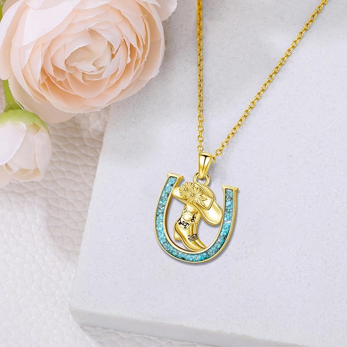 Western Cowboy Necklace 925 Sterling Silver Horseshoe Pendant Western Jewelry Cowgirl Gifts for Women Girlfriend Cowboy Cowgirl