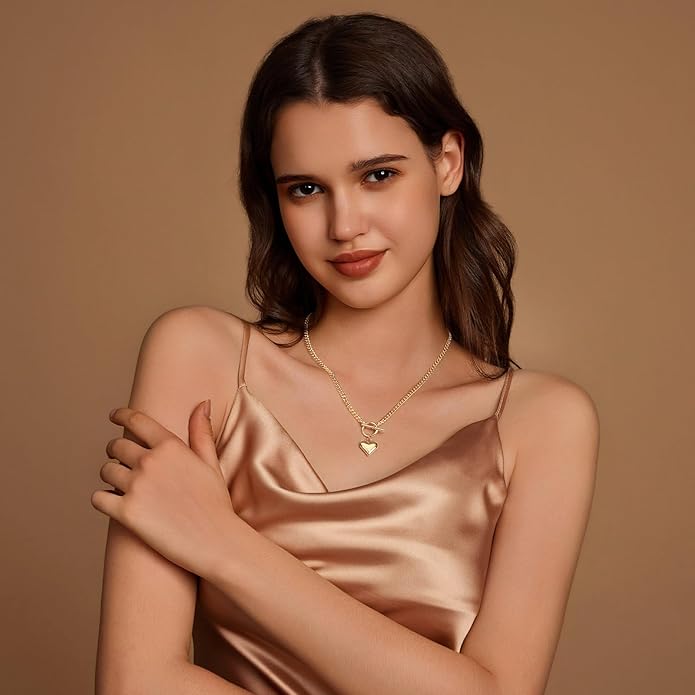 Zeffy 14K Gold/Silver Plated Chunky Thick Chain Toggle Clasp Necklace Dainty Baroque Pearl/Heart/Cross/Turquoise Pendant Necklace
