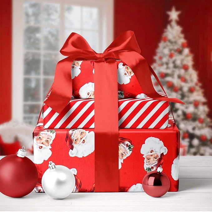 LaRibbons Vintage Santa Christmas Wrapping Paper Roll – Double-Sided Foil Gift Wrap with Candy Cane Stripes, Holiday Wrapping Paper for Xmas Presents & Decorations, 17 Inch × 33 Feet