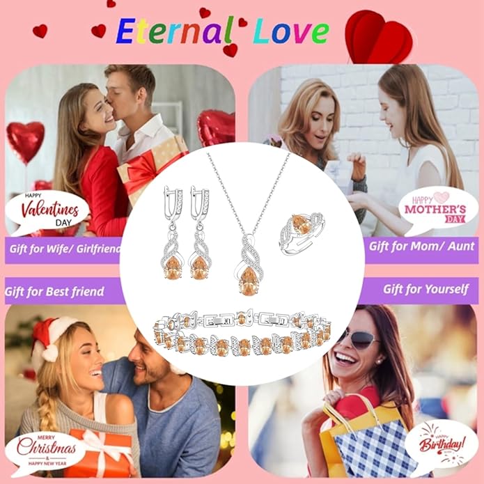 LMXXVJ Jewelry Set for Women,Teardrop Cubic Zirconia Necklace Earrings Adjustable Ring Bracelet Jewelry Set Formal Jewelry Gift