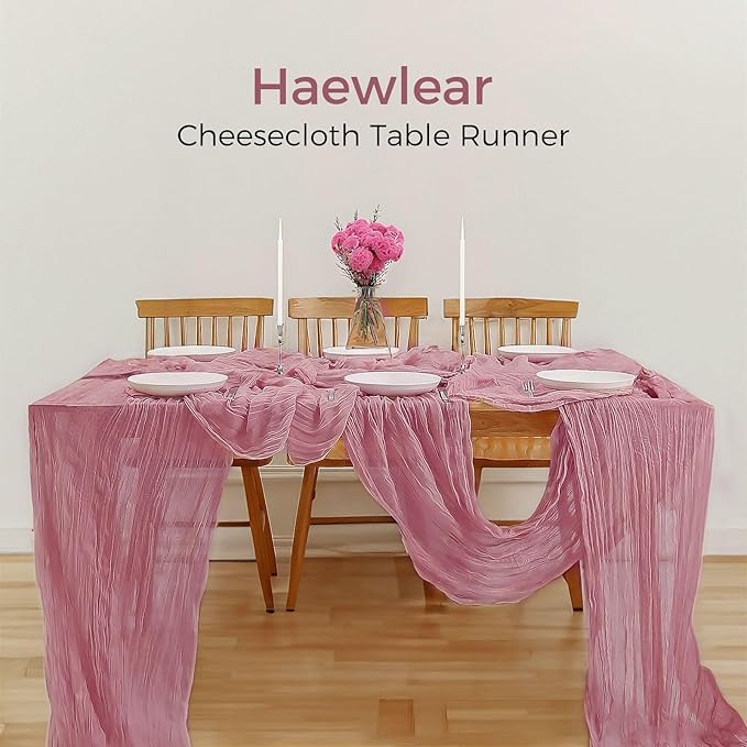 10PCS Dusty Rose Cheesecloth Table Runner 10ft Boho Gauze Fabric Cheese Cloth Table Runner Comes with 10 Cloth Napkins Runner for Romantic Wedding Birthday Shower Party Table Decoration