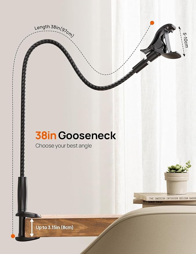 Gooseneck Phone Holder for Bed - [2025 Upgrade Nylon Braid] 38” Long Flexible Lazy Arm Clip, 360 Adjustable Overhead Phone Mount for iPhone 15 14 13 12 11 Pro Max Mini Plus, all 4-7" Cellphone
