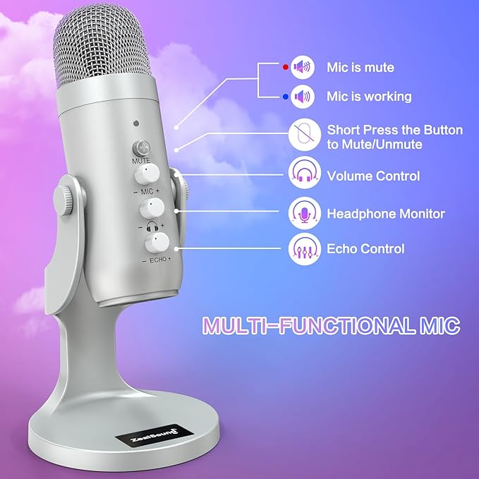 ZealSound USB Microphone,Condenser Computer PC Mic,Plug&Play Gaming Microphones for PS 4&5.Headphone Output&Volume Control,Mic Gain Control,Mute Button Vocal,YouTube Podcast on Mac&Windows(Silver)