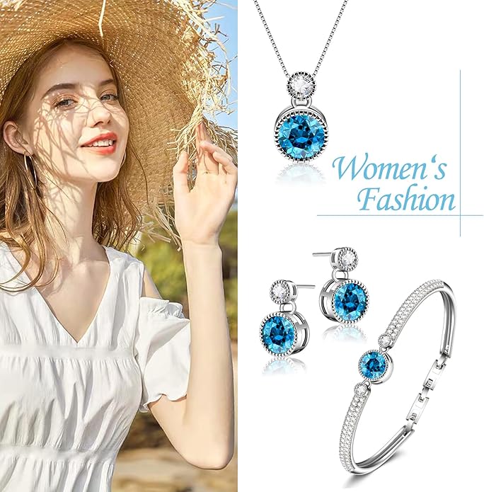 Ocean’s Promise Women Pendant Necklace Bracelet and Earring Jewelry Set 18K White Gold Plated with Crystal Gift for Women