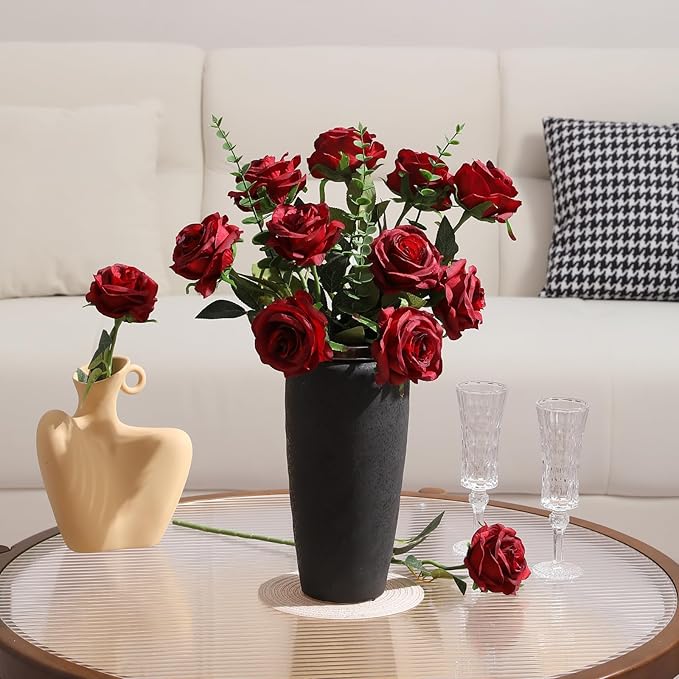 Tifuly 50 Pcs Red Roses Artificial Flowers Bulk,Realistic Long Stem Fake Silk Roses Bouquet for Wedding Centerpiece Table Vases Party Home Kitchen Decor（Burgundy）