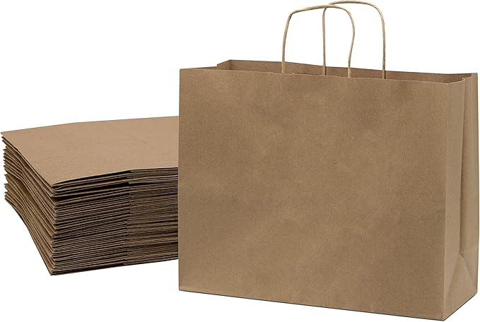 Prime Line Packaging Brown Paper Bags with Handles, Large Kraft Gift Bags for Small Business, Shopping, Retail Store, Boutique, Grocery, Bulk, 16x6x12, 25 Pack