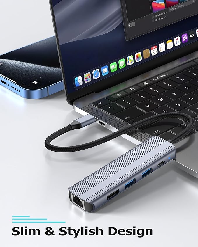USB C Hub Ethernet HDMI Multiport Adapter for MacBook Pro/Air, iPad, Laptop Dock with 5Gbps USB A/C, 1Gbps RJ45 Gigabit Ethernet, 4K 30Hz HDMI, 100W Pass Through Charging
