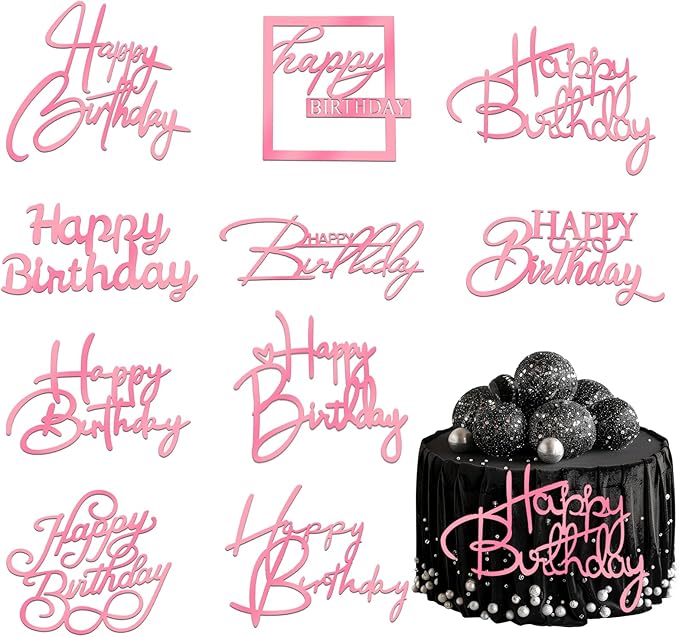 10 PCS Pink Birthday Cake Topper Mirror Acrylic Happy Birthday Cake Toppers Double-Sided Dessert Decorations for Girls Women's Party Supplies Cake Charm Supplies for Birthday Party