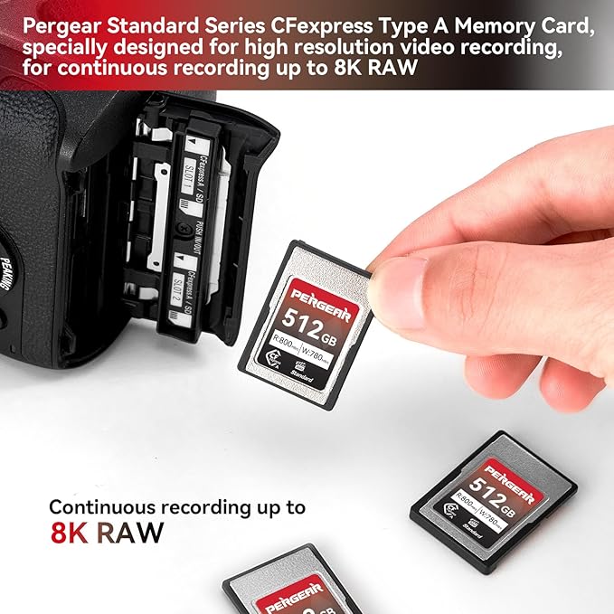 Pergear 512GB CFexpress Type A Memory Card, Up to 800MB/s Read Speed & 780MB/s Write Speed for 4K 120P, 8K 30P Recording,with Card Reader