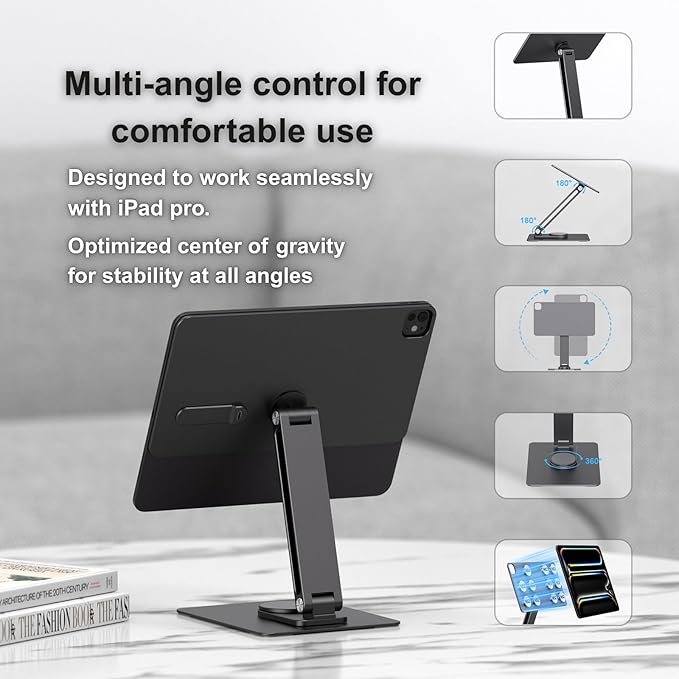 Magnetic iPad Pro M4 11-inch Stand with Wireless Charging 18W, 360° Rotating Aluminum Tablet Holder for iPad Pro M4 11-inch, Adjustable Desk Mount Series (M4-11inch)