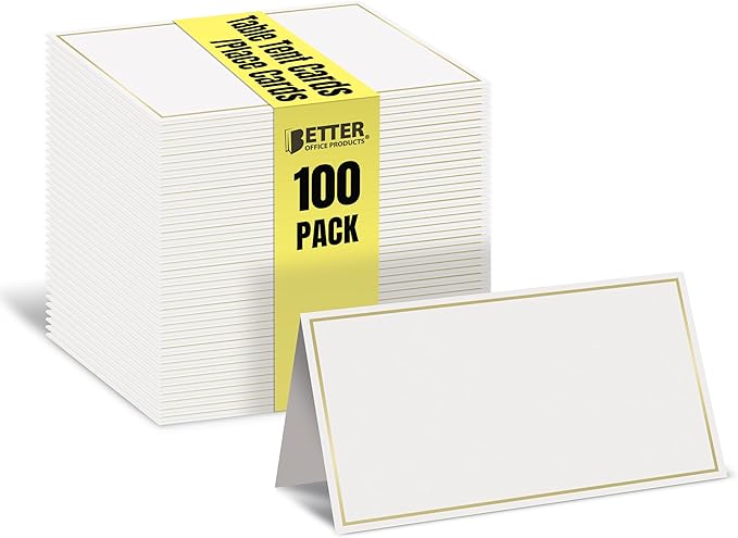Better Office Products 100 Pack Gold Metallic Border Place Cards, 2 x 3.5 in, Folded Table Tent Cards for Weddings, Dinner Parties, Buffet Banquets, (White)