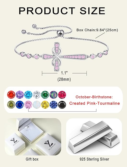 YL Cross Bracelet 925 Sterling Silver Infinity Sideways Link Bracelet Birthstone Jewelry for Women