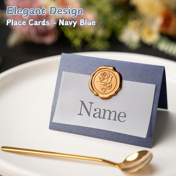 25 Pack Name Cards for Table Setting, Place Cards with Antique Gold Rose Wax Seal Sticker for Wedding, Table Tent Card Stock Handmade Decor for Party, Dinner, Home (Pearlized Navy Blue)