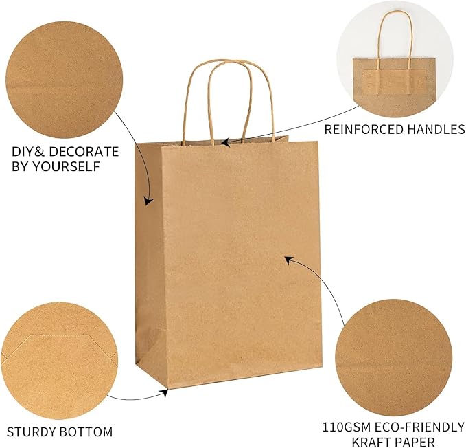METAPRINT Brown Paper Gift Bags with Handles in Bulk, 50pcs Kraft Paper Bags 8x4.5x10.8 inch, Recyclable Shopping Bags for Retail, Grocery, Party Favors, Wedding