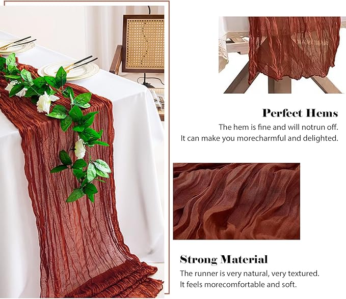 2 Pack 10 Ft Cheesecloth Table Runner Rust Gauze Long Table Runners Boho Gauze Cheese Cloth Table Runner Rustic Sheer Runner for Wedding Party Table Decor ( 35 x 120 Inch )