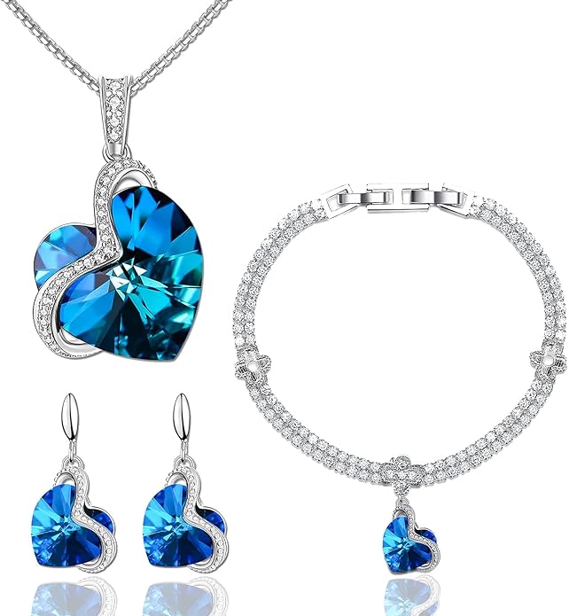 Blissful Heart Crystal Jewelry Sets For Women 18K White Gold Plated Bracelet Necklace and Earrings Sets for Wife Girlfriend or Mothers Idea Gift for Special Women in Life