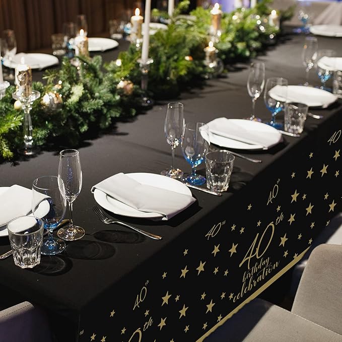 Gatherfun 40th Birthday Disposable Tablecloth 4 Pack Gold and Black Waterproof Plastic Table Cover for Men Woman 40 Birthday Party Decorations