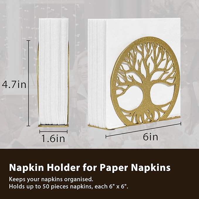 Gold Napkin Holder for Table – Elegant Standing Napkin Dispenser for Kitchen, Dining Room, or Coffee Shop | Ideal for 6-inch Cocktail Napkins, Farmhouse & Outdoor Settings (6"x 1.7"x 4.9")