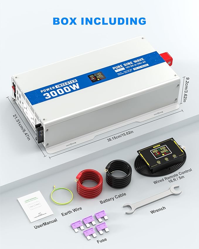 3000W Pure Sine Wave Power Inverter 12V DC to 120V AC Converter 6000 Watt Peak Power Multi-Display Screen with 2 GFCI Outlet 30W USB and 18W Type-C for Car RV Truck Boat Off-Grid, Gray Blue