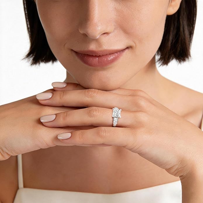 MSBLUE Moissanite Engagement Ring, Staircase Princess Cut, 14K Gold Vermeil, Wedding Promise Ring, Valentines Day Gifts for Her