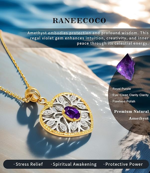 Raneecoco Natural Gemstone Necklace for Women 18K Gold Plated Sterling Silver Two-Tone Tree of Life & Love Heart Pendant Jewelry | Dainty Birthstone Gift For Her Mother Wife