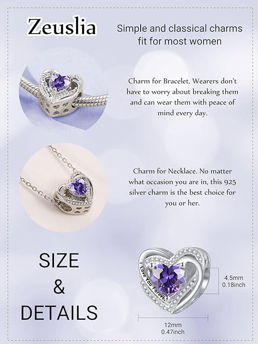 Heart Birthstone Charms for Bracelets, 925 Sterling Silver Women Bead Charms for Charm Bracelets Necklace, Mother's Day Birthday Anniversary Jewelry Gifts for Wife Mom Grandma Daughter