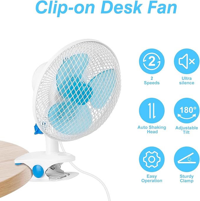 8.66" Portable Clip on Fan, 2 Speed Desk Fan with Auto Shaking Function, 180° Adjustable Tilt, Study Clamp, Personal Cooling Fan with 3.94ft Cord for Home Office Dorm