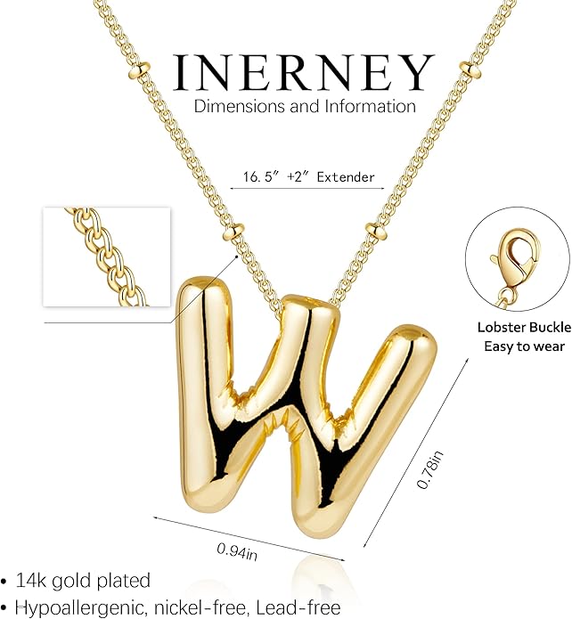 Inerney Valentines Day Gifts Gold Bubble Letter Necklace Initial Necklaces for Women, Chunky 14K Plated Balloon Initials, Trendy Charm Non Tarnish Custom Name Pendant Jewelry Gifts for Mom