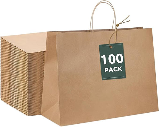 GSSUSA 16x6x12 Large Paper Bags with Handles 100Pcs, Gift Bags, Bag for Small Business Bulk, Brown Paper Shopping Bag for Boutique, Merchandise, Clothing, Grocery, Food Service Take Out