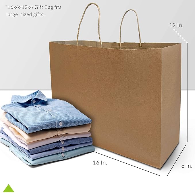 Prime Line Packaging Brown Paper Bags with Handles, Large Kraft Gift Bags for Small Business, Shopping, Retail Store, Boutique, Grocery, Bulk, 16x6x12, 25 Pack