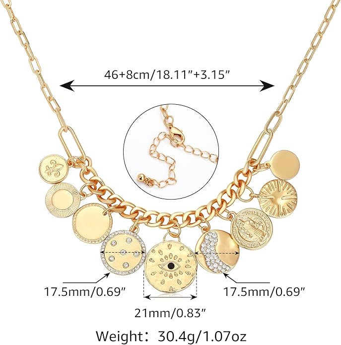 MISS RIGHT Dainty Gold Evil Eye Hamsa Hand Coin Lucky Charm Pendant Necklace for Women Trendy Vintage Paperclip Chain Sun Moon Clover Flower Chunky Charm Necklace Jewelry Gifts