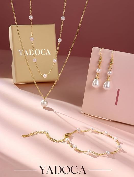 YADOCA Gold Jewelry Set for Women - 16K Gold Plated Pearl Necklace and Earring Set With Drop Earrings,Charm Layered Necklace,Adjustable Bracelets - Dainty Women's Pearl Jewelry Set For Wedding Gifts