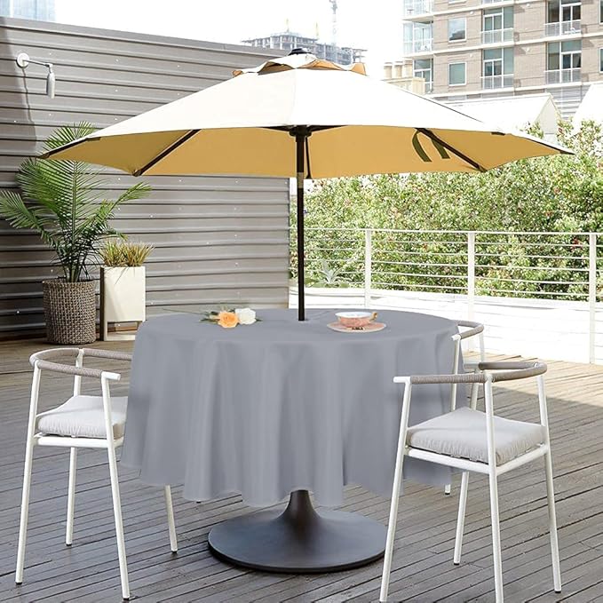 SARAFLORA Outdoor and Indoor Tablecloth -60 inch Round, Silver Wrinkle Free Washable Waterproof Table Cloth with Umbrella Hole and Zipper Round Table Cover for Spring/Summer/Patio/Picnic/BBQS/Party