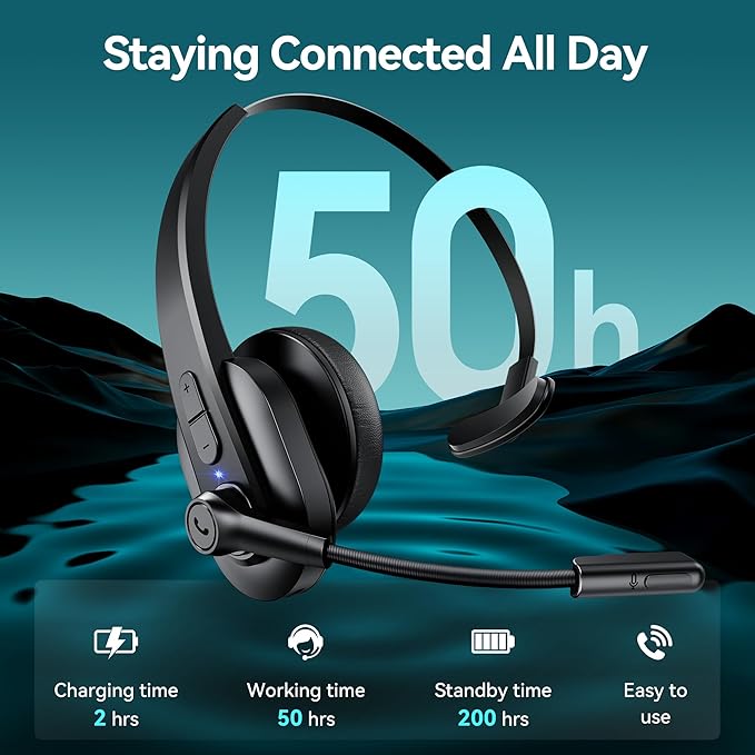 Bluetooth Headset with USB Dongle for Computer, Single-Ear Wireless Headset with Noise Cancelling Microphone for Office & Truckers, Bluetooth V5.2 with Mute Button for Work