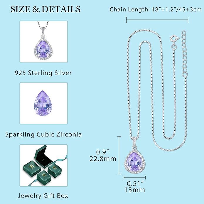 FJ Teardrop Pendant Necklace 925 Sterling Silver Birthstone Jewelry Gifts for Women