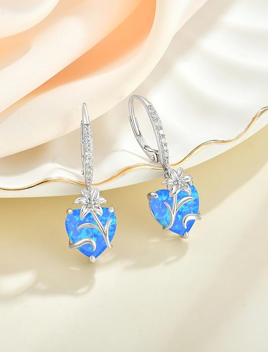 YL Heart Dangle Earrings for Women Sterling Silver Lily Flower Leverback Earrings Created Opal Flower Jewelry