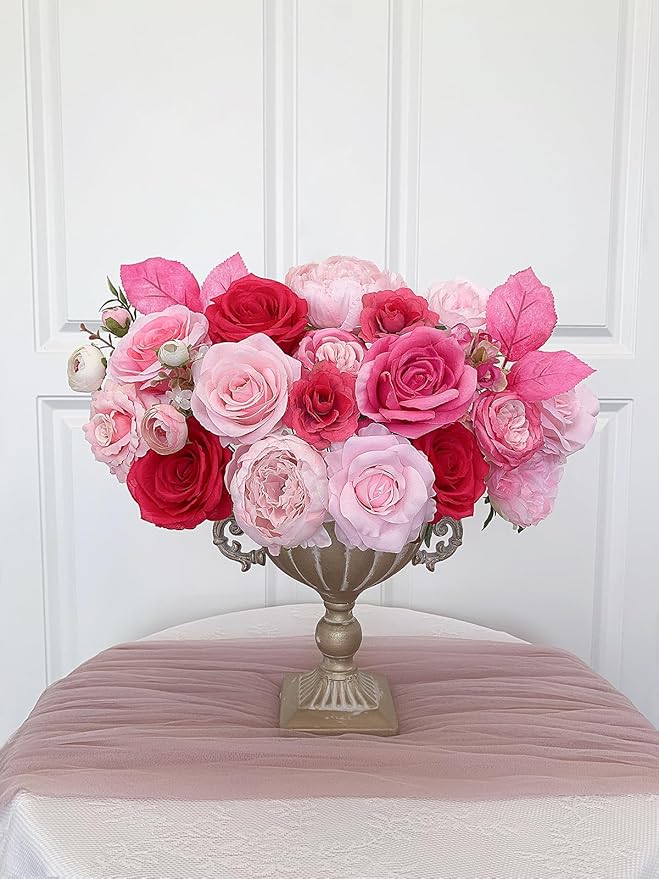 Roses Artificial Flowers Pink Fake Flower Bulk for DIY Wedding Bouquets Bridal Baby Shower Decorations Table Centerpiece Silk Faux Floral Arrangements for Party Home Decor Indoor Fuchsia